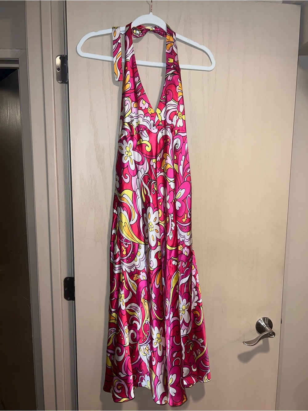 Vintage Silk Pink Floral Halter Midi Dress
